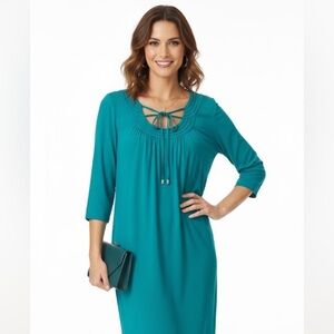 Diane Von Furstenberg Turquoise Teal 3/4 Sleeve Knee Length Dress Size 14 Rayon